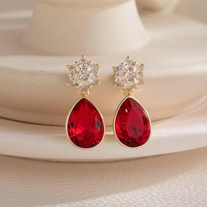 Elegant Austrian Crystal Teardrop Dangle Earrings for Women,14K Gold Plated Flower Drop Earrings Jewelry Gift for Birthday Wedding Anniversary - color: Red
