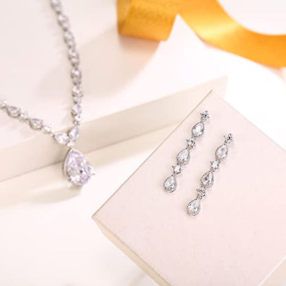 EVER FAITH Pear Shaped Cubic Zirconia Bridal Wedding Jewelry Set for Women | Gorgeous Water Drop Bride Necklace Dangle Earrings, for Bride Bridesmaid - color: White -18.3 inches