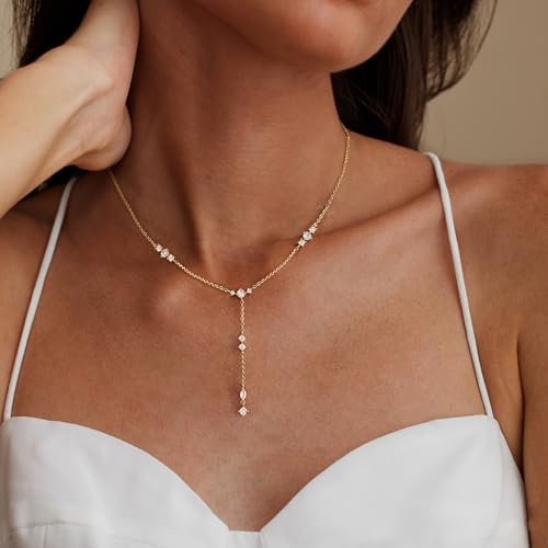 LuckFairy Lariat Necklace for Women，Dainty Gold Long Necklaces 14k Gold Plated CZ Lips Bead Y-Shaped Drop Chain Necklace Simple Gold Layered Necklaces for Women Trendy Gold Jewelry Gifts for Women - color: Gold-dainty long necklace