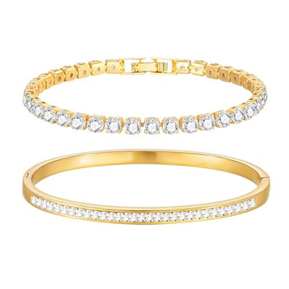 Stackable Gold Bracelets for Women - 2Pcs 18K Gold Plated Cubic Zirconia Bangle Bracelet Friendship Tennis Bracelet Stack Jewelry,Party Christmas Birthday Gift for Girlfriend Sister Wife Daughter - style: Gold Set_1