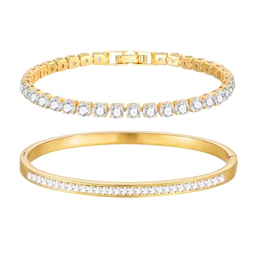 Stackable Gold Bracelets for Women - 2Pcs 18K Gold Plated Cubic Zirconia Bangle Bracelet Friendship Tennis Bracelet Stack Jewelry,Party Christmas Birthday Gift for Girlfriend Sister Wife Daughter - style: Gold Set_5