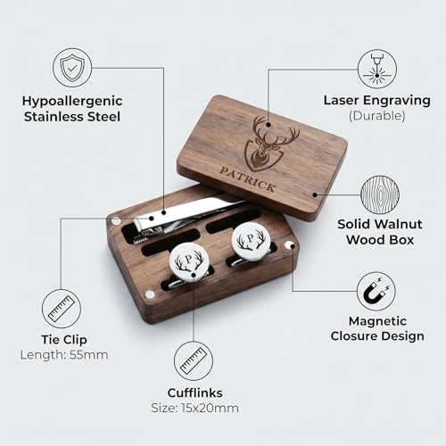 Custom Monogram Cufflinks for Men – Personalized Cuff Links & Tie Clip Set with Engraved Wood Box – Wedding Gifts for Groom, Dad, Groomsmen, Father of the Bride - color: Gold
