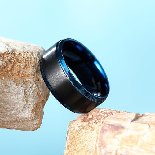 King Will Mens Brushed Wedding Band, Two Tone Matte Step Edges/Pipe Cut, Tungsten Carbide Anniversary Promise Rings Comfort Fit - color: Black&Blue-10mm