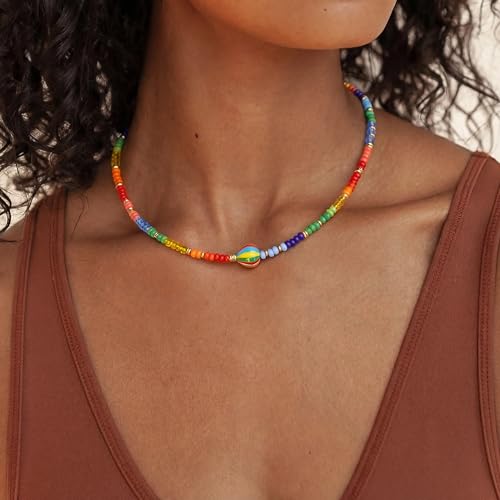 Wellike Freshwater Pearl Beaded Necklace for Women Handmade Boho Colorful Glass Beads Choker Necklace Stainless Steel 18K Gold Plated Bohemian Women Summer Jewelry Gifts - color: KKWX022