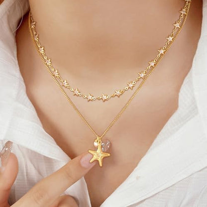 MTMY Beaded Necklaces for Women 14K Gold Plated Dainty Colorful Green/Rose Beaded Pearl Choker Necklace Delicate Boho Choker Necklace Jewelry Gift - style: Star chain