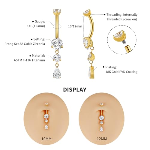 FINE4U Dangle Belly Button Rings 14G 10mm 12mm - ASTM F136 Implant Grade Real Titanium Belly Ring, Internally Threaded Hypoallergenic Navel Piercing Jewelry for Gift idea (Clear) - color: Prong Set - Gold, size: 10mm - Gold
