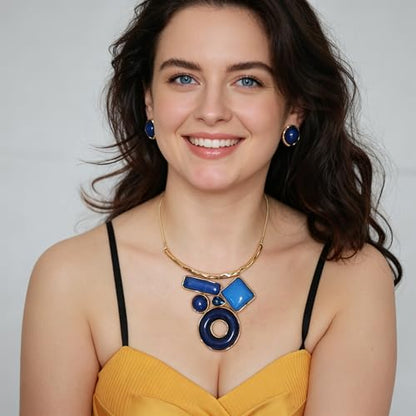 Vintage Statement Jewelry Set - Chunky Flower Floral Plant Geometric Resin Bib Necklace Earring Set Bohemian Boho Crystal Rhinestone Fashion Jewelry for Women Bridal Party Prom Unique Gift - style: MLJS2613-Blue