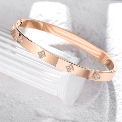 14K Gold Plated Four Leaf Clover Bangle Bracelet | Stainless Steel Lucky Love Cuff with Cubic Zirconia, Hypoallergenic Jewelry Gift for Women - color: Clover Rose Gold-Medium