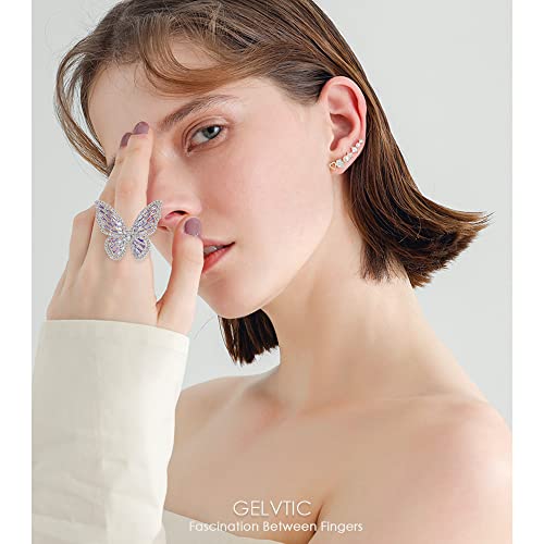 Butterfly Rings for Women Adjustable Golden Cocktail Ring Sparkly Stones Statement Silver Bow Open Wrap Bow Jewelry Bridesmaids Wedding Valentine’s Day Gift Lover Mother - color: JZ03-Silver Purple