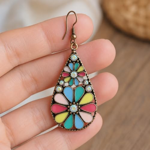 Colorful Green Teardrop Earrings for Women - Bohemian Style Enamel Dangle Earrings Lightweight Fashion Jewelry for Daily/Wedding/Party - color: Rose Red