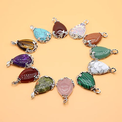 LE SKY Natural Stone Pendants Waterdrop Shape Mixed Crystal Agate Alloy Base Pendant Charms for Jewelry Making DIY Random 5 Pcs