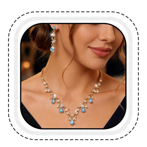 Gold Rhinestone Jewelry Set Bridal Wedding Necklace Earrings Sets Prom Formal Costume Jewelry for Women and Brides - color: Light Blue