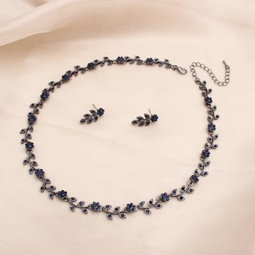 Austrian Crystal Rhinestone Choker Necklace Dangle Earring Link Bracelet Jewelry Set for Brides Bridesmaid Prom Costume Accessories for Women - color: Blue-Gunmetal
