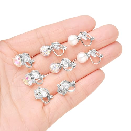Tornito 10-15 Pairs Clip on Stud Earrings Non Pierced Teardrop Round Square CZ Pearl Twist Knot Flower Butterfly Heart Star Rainbow Cat Opal Clip on Earrings for Women - color: C: 15 Pairs Silver Tone