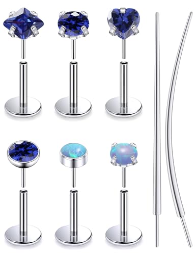 F136 Titanium 20/18/16g Internally Threaded Medusa Monroe Lip Ashley Labret Nose Rings Flat Back Tragus Helix Cartilage Conch Screw Stud Earrings Surgical Steel Piercing Jewelry for Women - color: Blue CZ, size: 18g*1/4in