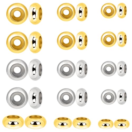 30Pcs Stainless Steel Stopper Beads for Charm Bracelets, Adjustable Slider Beads Spacer Beads Metal Loose Beads Gold and Silver 6/8/10mm with Insert Rubber Locating Rings for DIY Jewelry Making - color: Gold + Silver