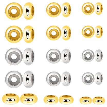 30Pcs Stainless Steel Stopper Beads for Charm Bracelets, Adjustable Slider Beads Spacer Beads Metal Loose Beads Gold and Silver 6/8/10mm with Insert Rubber Locating Rings for DIY Jewelry Making - color: Gold + Silver