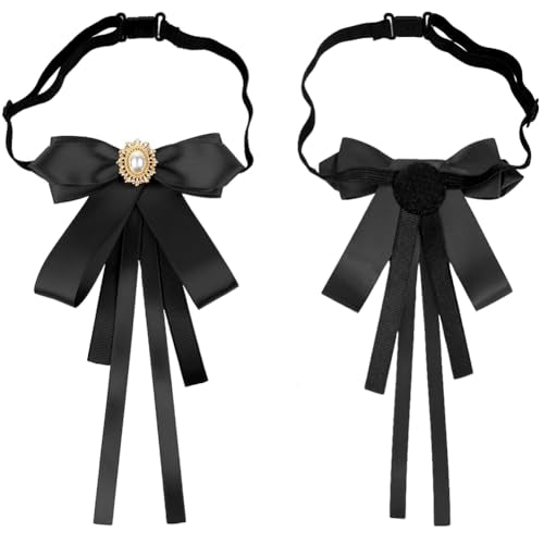 Fashion Ribbon Bow Tie Brooch Pins for Women Girls Crystal Pearl Uniform Pre-Tied Bowknot Corsage Party Ceremony Accessories - color: Black-bungee