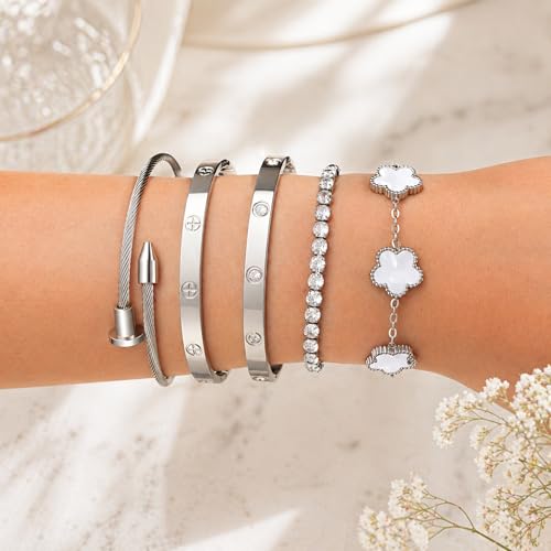 18K Gold Plated Love Bangle Bracelet Stack for Women, Adjustable Clover Bracelet & CZ Tennis Chain Set, Stackable Layered Jewelry, Fade Resistant, Long-Lasting Luster for Daily Wear & Gift - color: 5Pcs Silver White