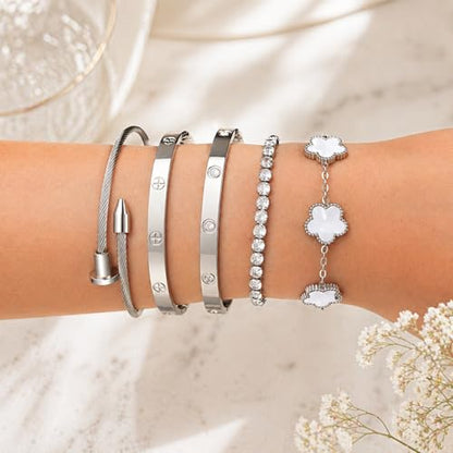18K Gold Plated Love Bangle Bracelet Stack for Women, Adjustable Clover Bracelet & CZ Tennis Chain Set, Stackable Layered Jewelry, Fade Resistant, Long-Lasting Luster for Daily Wear & Gift - color: 5Pcs Silver White