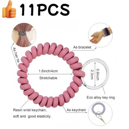 11PCS Colorful Spiral Coil Hair Tie for Women | Stretchable Wristband Wristlet Keychain, Wrist Key Chain Wristlet, Wrist Key Holder Key Ring