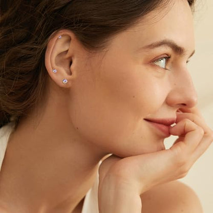 MASOP VOGU 3-5mm Sterling Silver Stud Earrings Set 14K White Gold Plated Hypoallergenic Tiny Round Cut CZ Cubic Zirconia Simulated Diamond Cartilage Studs for Women Men - color: I#Gold-3Pairs(3/4/5mm)-Purple CZ
