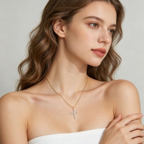 Cross Necklace for Women, Silver Cross Pendant Necklaces | 14K Gold Plated, Dainty CZ Cross Necklace, Non Tarnish and Hypoallergenic Jewelry for Women, Christian Religious Faith Gifts - color: 01-Gold-White