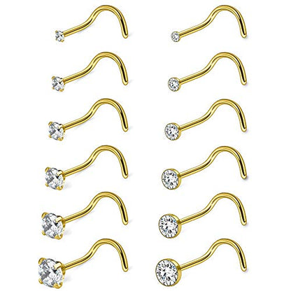 18G 1.5mm 2mm 2.5mm 3mm 3.5mm 4mm Round Diamond CZ Nose Screw Studs Rings Piercing Jewelry 4-12PCS - color: 12PCS - Gold