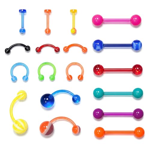 15PCS Colored Acrylic Body Piercing Jewelry Set, Flexible Plastic Belly Button Rings, Tongue Rings, Lip Rings, Eyebrow Rings, 14G 16G Mixed Color Body Jewelry for Women and Men