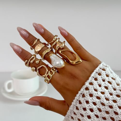 CSIYANJRY99 Gold Silver Rings Set for Women Trendy Irregular Chunky Gold Ring Baroque Pearl Rings Stackable Statement Knuckle Ring Jewelry - color: A-Gold
