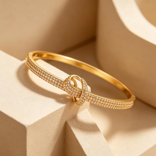 hotoo Gold Plated Bangle Bracelet for Women - style: Full Rhinestone Love Knot