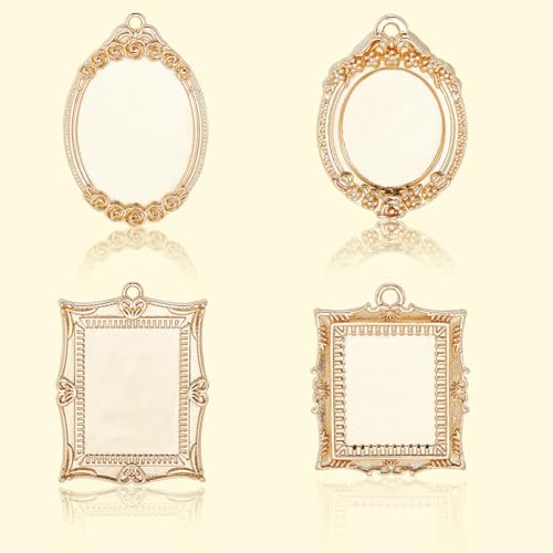 Beebeecraft 1 Box 4Pcs Pendant Trays Kit 14K Gold Plated Cabochon Settings Charms Blank Bezel Charm Round Oval Rectangle for Jewelry Making Necklace DIY Crafts - color: #3 Mix 4 Styles