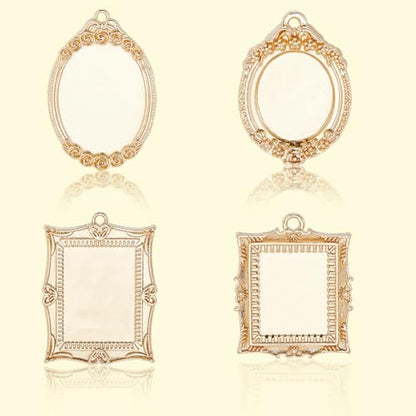 Beebeecraft 1 Box 4Pcs Pendant Trays Kit 14K Gold Plated Cabochon Settings Charms Blank Bezel Charm Round Oval Rectangle for Jewelry Making Necklace DIY Crafts - color: #3 Mix 4 Styles