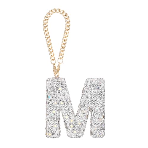 MECCANIXITY Bling Car Letter Charm, Initial M Letter Interior Car Rear View Mirror Decoration Hanging Crystal Ornaments for Women Bags Water Cup DIY Craft, Silver - style: Letter M