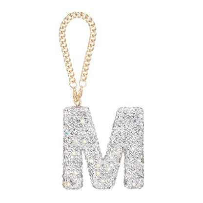 MECCANIXITY Bling Car Letter Charm, Initial M Letter Interior Car Rear View Mirror Decoration Hanging Crystal Ornaments for Women Bags Water Cup DIY Craft, Silver - style: Letter M