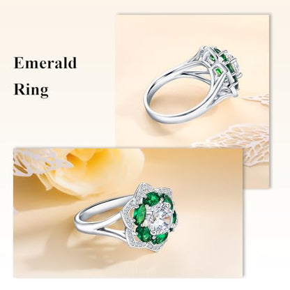Flower Cocktail Ring for Women Stone Engagement Anniversary Rings | Sterling Silve|Hypoallergenic|Ruby|Sapphire|Emerald|Wedding and Birthday Party Women Statement Ring|Mother and Grandma Gift - color: Emerald (May)