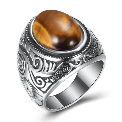 MYNENEY Retro Vintage Stone Rings for Men Turquoise Rings Stainless Steel - color: Brown
