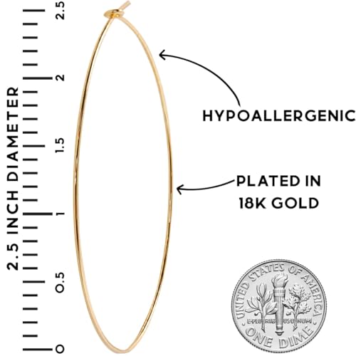 Thin Hoop Earrings for Women - Lightweight Wire Threader Loop Drop Dangles | Plated in 18K Gold or 925 Sterling Silver, Hypoallergenic and Safe for Sensitive Ears - color: 18K Gold Plated - 2.5" inch