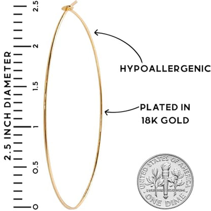 Thin Hoop Earrings for Women - Lightweight Wire Threader Loop Drop Dangles | Plated in 18K Gold or 925 Sterling Silver, Hypoallergenic and Safe for Sensitive Ears - color: 18K Gold Plated - 2.5" inch