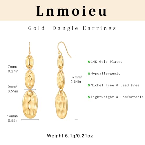 Gold Dangle Earrings for Women,Chunky 14K Gold Plated Drop Dangle Stud Earrings Long Statement Hammered Earring Hypoallergenic Jewelry for Women Gifts - style: Simple Hammered-GD