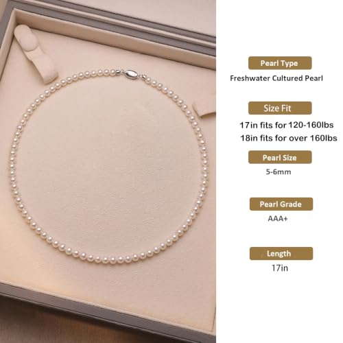 White Genuine Freshwater Cultured Pearl Necklace For Women And Men | Full Sizes from 3mm to 14mm Freshwater Pearls, AAA Grade & Above, A Love Gift Choice For Anniversaries And Birthdays - size: 5-6mm 17in