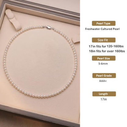 White Genuine Freshwater Cultured Pearl Necklace For Women And Men | Full Sizes from 3mm to 14mm Freshwater Pearls, AAA Grade & Above, A Love Gift Choice For Anniversaries And Birthdays - size: 5-6mm 17in