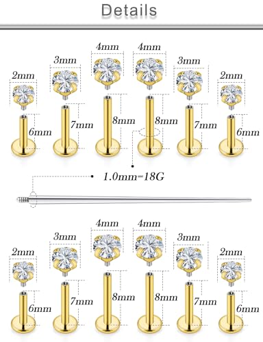 18G 16G 14G Lip Labret Medusa Nose Rings Studs Flat Back Earrings Internally Threaded 316L Surgical Steel Cartilage Tragus Helix Conch Earrings Piercing Jewelry for Women Men 6mm 8mm 10mm - color: 18G - Gold Tone-6/7/8mm Bar