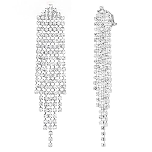 SELOVO Clip Tassel Earrings Crystal Bridal Wedding Clip on Statement Dangle Earrings Silver Tone