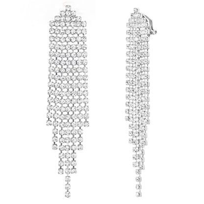 SELOVO Clip Tassel Earrings Crystal Bridal Wedding Clip on Statement Dangle Earrings Silver Tone