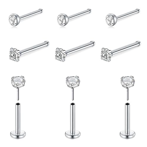 Mayhoop 20G Nose Rings Studs 316L Surgical Stainless Steel L Shape Bone Diamond Heart Corkscrew Nose Ring Nostril Piercing Jewelry For Women Men - color: Bone-Silver-B