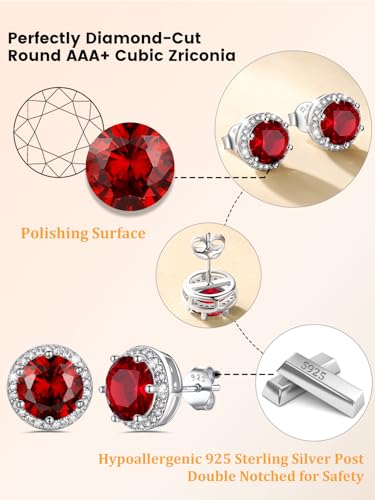 Bestyle Authentic 925 Sterling Silver 2 Carat Birthstone Earrings for Women, More Sparkle Heart/Round Solitaire Diamond Studs Earrings, Great Birthday/Christmas/Anniversary Jewelry for Wife Mother - color: 01. Jan. Garnet-Round