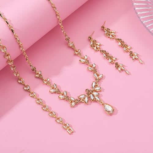 Paxuan Wedding Jewelry Sets for Bride Bridesmaid Bridal Jewelry Set for Women Wedding Crystal Necklace Earrings Bracelet Set for Party Prom Jewelry - color: Champagne - 14K Gold