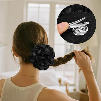 Black Extra Large Flower Brooches Lapel Pins 17.5mm Handmade Dainty Satin Fabric Rose Big Camellia Flower Brooch Pin for Women Christmas Wedding Bridal Birthday Dance Clothes Accessories Jewelry