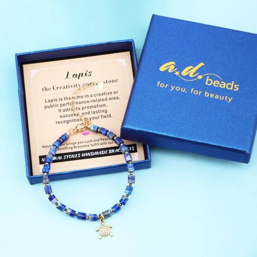 Natural Gemstone Healing Crystal Dainty Charms Bracelet Adjustable Chain Extender Minimalist Jewelry - color: Lapis + Turtle